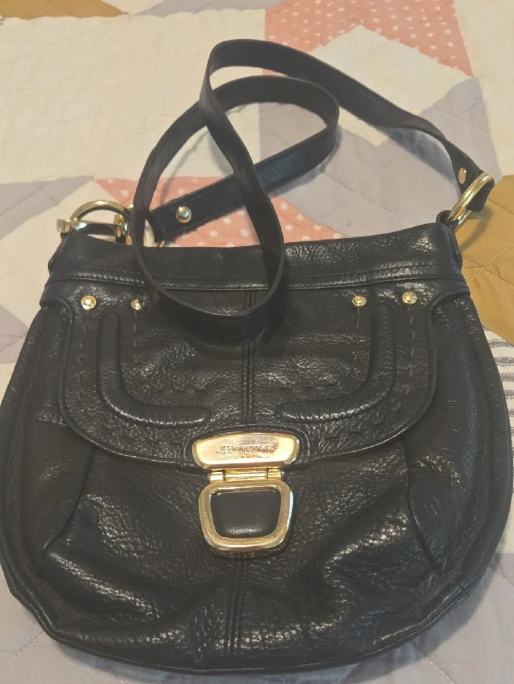 b. makowsky Black Pebbled Leather Shoulder Bag with Gold Hardware